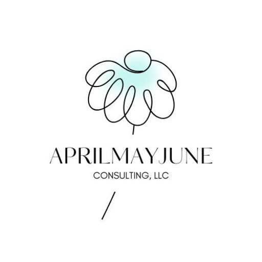 Flower sketched in a fine line with April May June Consulting LLC written in black underneath the flower head.